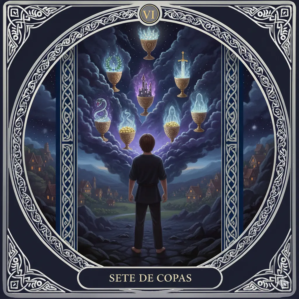 Sete de Copas no Tarot: Significado Completo, Amor, Ilusão, Escolhas, Confusão Mental, Espiritualidade, Psicologia e Leitura Invertida